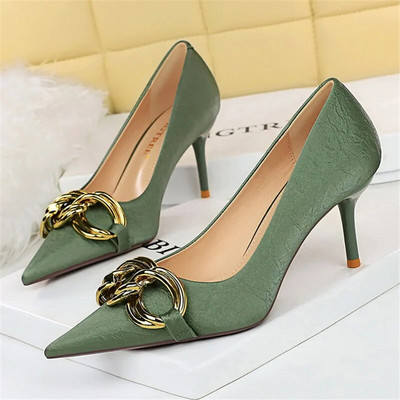 Γυναικεία 7,5 εκ. 9,5 εκ. Ψηλά τακούνια Escarpins Pumps Lady Metal Chain Χαμηλά τακούνια Φετίχ Νυχτερινό κλαμπ Slim Fit Party Green Office Prom παπούτσια