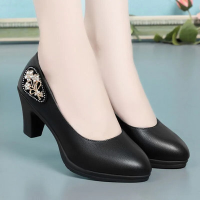 Cresfimix Zapatos De Mujer Women Cute Sweet Black Pu Leather Round Toe Офис обувки с квадратен ток Дамски модни удобни обувки A300ab