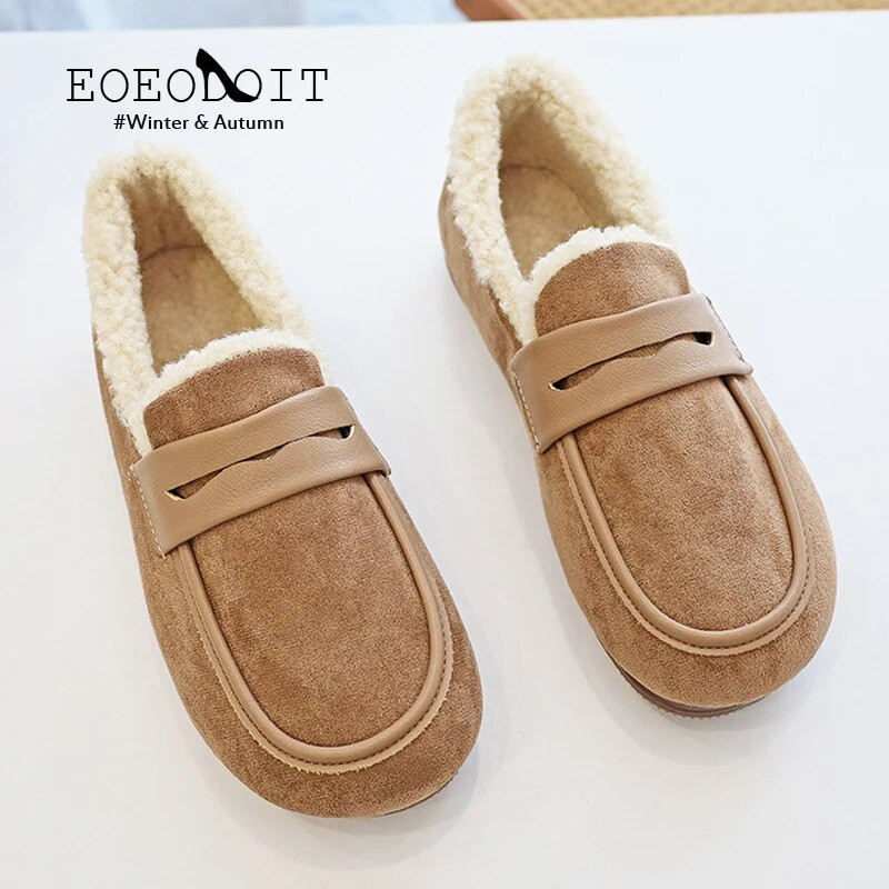 EOEODOIT rudens ziemas kokvilnas apavi sievietēm, uzvelkami, biezi plīša kurpes, apaļas pirkstgala plakans papēdis ikdienišķas, siltas, plakanas kedas