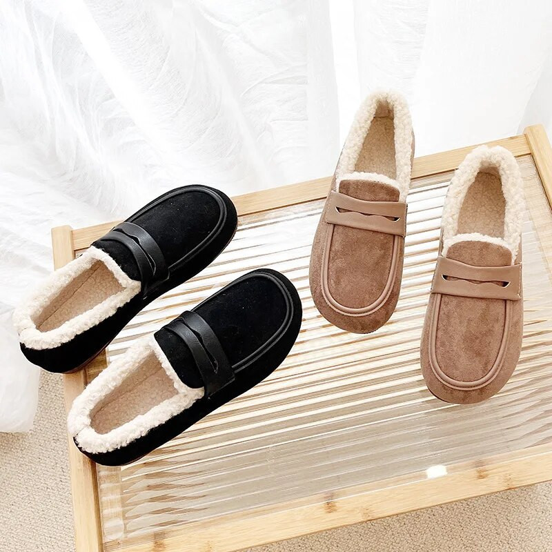 EOEODOIT rudens ziemas kokvilnas apavi sievietēm, uzvelkami, biezi plīša kurpes, apaļas pirkstgala plakans papēdis ikdienišķas, siltas, plakanas kedas