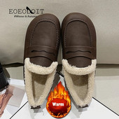 Woman Plus Size Flats Fleece Lined Loafers Δερμάτινα ίσια τακούνι ζεστά παπούτσια για χιόνι Αντιολισθητικά