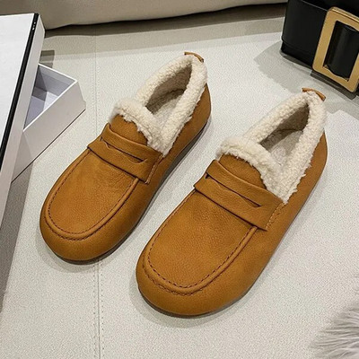 Woman Plus Size Flats Fleece Lined Loafers Δερμάτινα ίσια τακούνι ζεστά παπούτσια για χιόνι Αντιολισθητικά