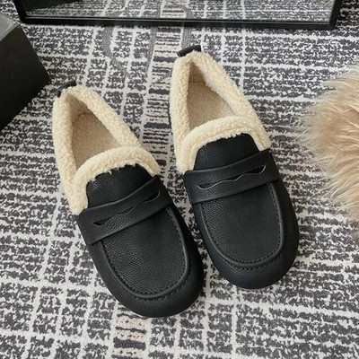 Woman Plus Size Flats Fleece Lined Loafers Δερμάτινα ίσια τακούνι ζεστά παπούτσια για χιόνι Αντιολισθητικά