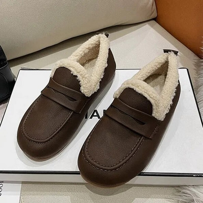 Woman Plus Size Flats Fleece Lined Loafers Δερμάτινα ίσια τακούνι ζεστά παπούτσια για χιόνι Αντιολισθητικά
