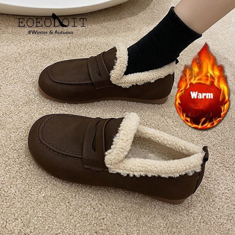 Sievietēm Liela izmēra plakanie, flīsa oderi, ādas, plakani papēži, silti sniega kurpes, neslīd