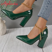 Aphixta 2023 Sexy Super High Heel 10cm Τετράγωνα Τακούνια Pumps Γυναικείες χρυσές μεταλλικές αλυσίδες με λουράκι στον αστράγαλο Παπούτσια με μυτερή μύτη Μεγάλο μέγεθος 50