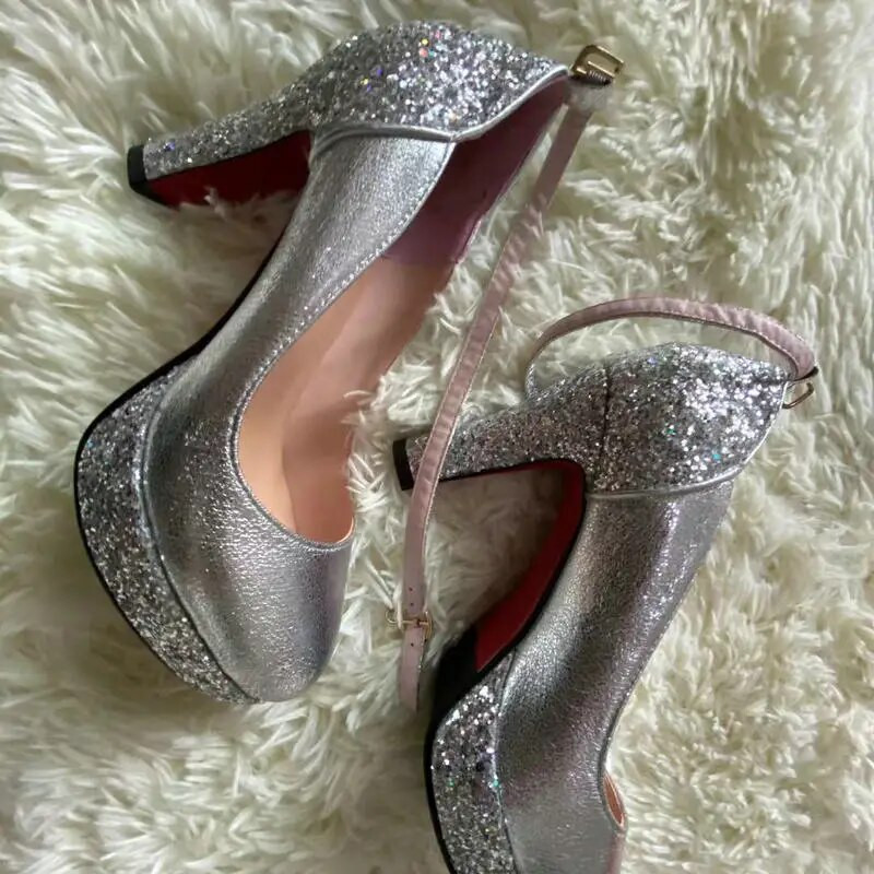 Zelta Sudraba Sieviešu augstpapēžu kurpes Catwalk Shoes Potītes Sprādzes sequins Pavasara Rudens Platformas Augstpapēžu Kurpes Kāzu Banketu Kurpes Jaunums 2021