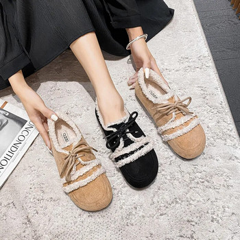 Зимни дамски плюшени топли снежни ботуши за 2023 г. Корейски стил парти и работно облекло Дамски ежедневни плоски обувки Мокасини с връзки Mary Jane Loafers