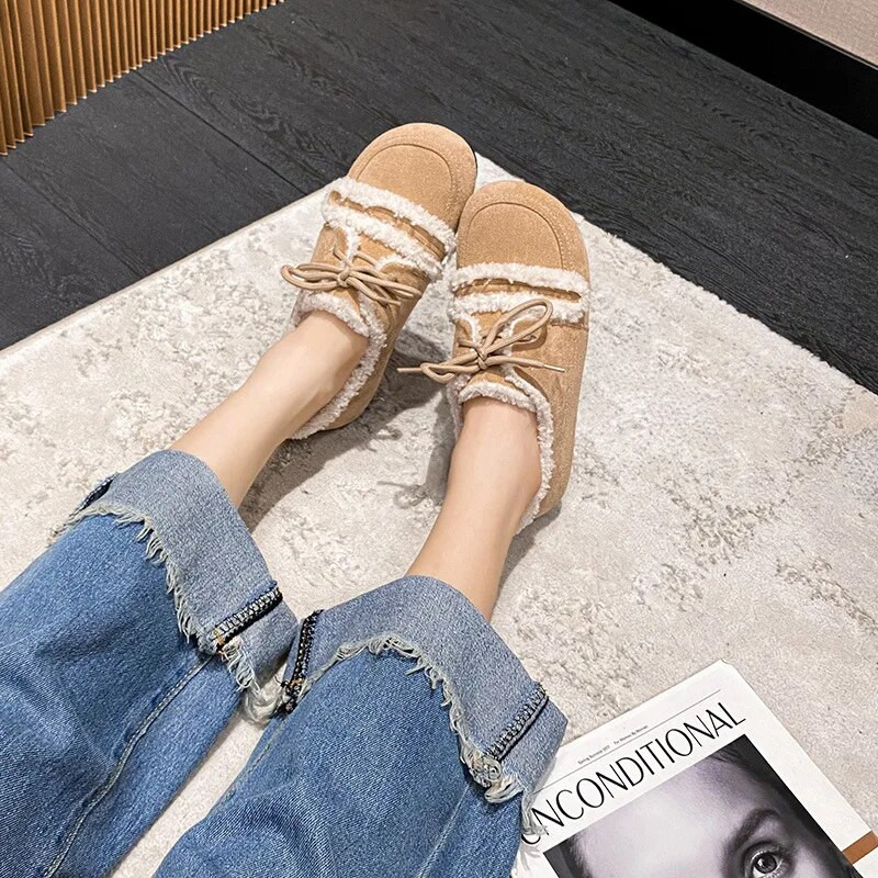 2023. gada ziemas sieviešu plīša, silti sniega zābaki korejiešu stila ballīšu un darba apģērbi Sieviešu ikdienišķa siksniņa šņorējama Mary Jane Loafers