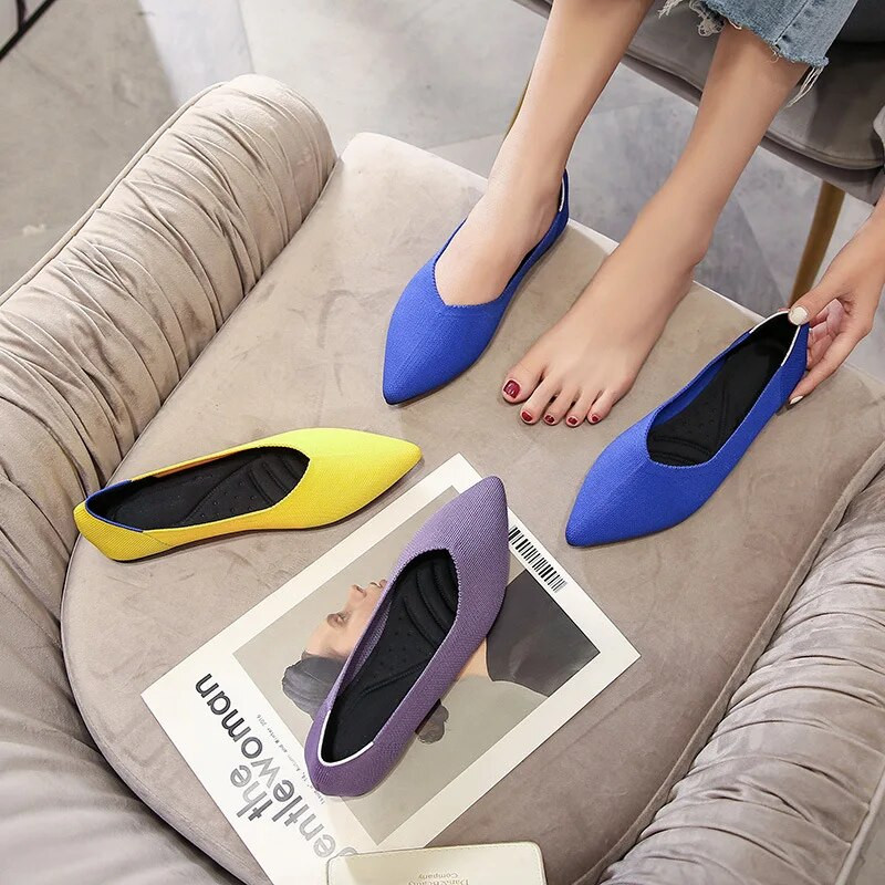 Jaunas sieviešu plakanas kurpes elpojošas un ērtas elastīgas zilas trikotāžas kurpes kazaku sieviešu apavi Lieli sieviešu apavi