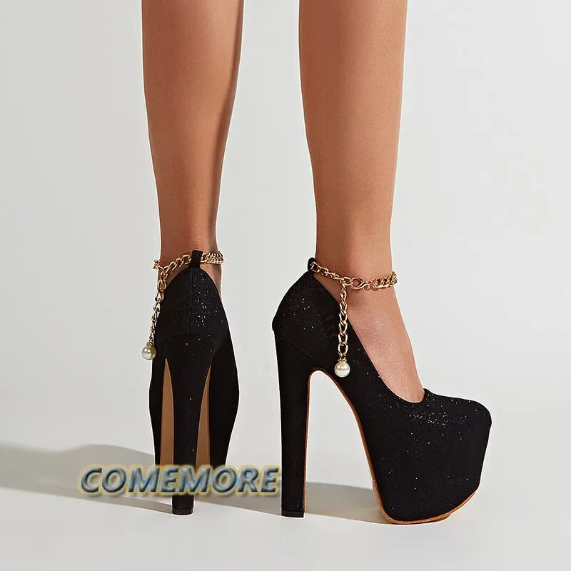 Modes seksīga flitera auduma sprādzes siksna, platforma kāzas, pirksts, sieviešu kvadrātveida augstpapēžu noņemšanas klubs, pumpas, apavi, apaļa galva