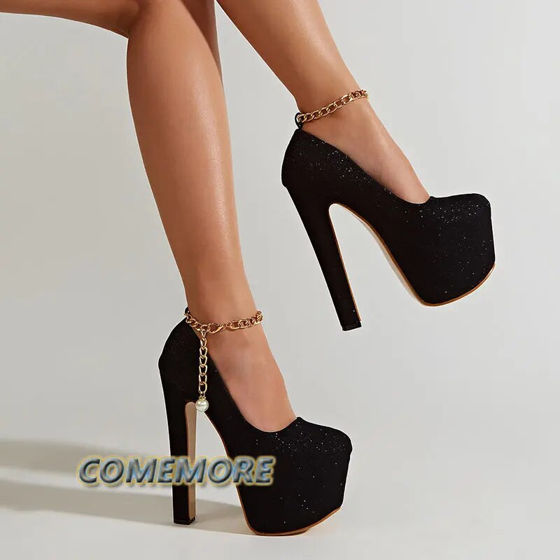 Modes seksīga flitera auduma sprādzes siksna, platforma kāzas, pirksts, sieviešu kvadrātveida augstpapēžu noņemšanas klubs, pumpas, apavi, apaļa galva