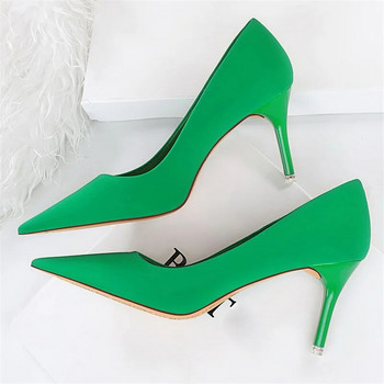 2023 Дамски 7,5 см 10,5 см високи токчета Scarpins Помпи Дамски големи зелени лилави фетиш сватбени булчински обувки на нисък ток Копринени сатенени обувки