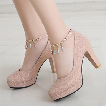 Пролетни златни дамски обувки с високи токчета на платформа Есен 2023 Луксозни сватбени обувки с прихващане на глезена Tacones Mujer Silver Pink 31-43