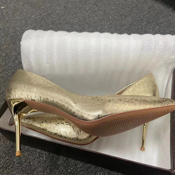 Дамски фетиш 8,5 см високи токчета Златни помпи Луксозни елегантни сватбени булчински стилети Секси токчета Дамски Scarpins Реплика на парти обувки