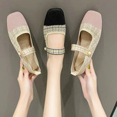 Casual Flat Παπούτσια Φθινοπωρινά Νέα Τετράγωνα Παπούτσια Μπαλέτου Shallow Mouth Loafers Pearl Διακόσμηση Πλεκτά παπούτσια Mary Jane