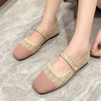 Casual Flat Παπούτσια Φθινοπωρινά Νέα Τετράγωνα Παπούτσια Μπαλέτου Shallow Mouth Loafers Pearl Διακόσμηση Πλεκτά παπούτσια Mary Jane