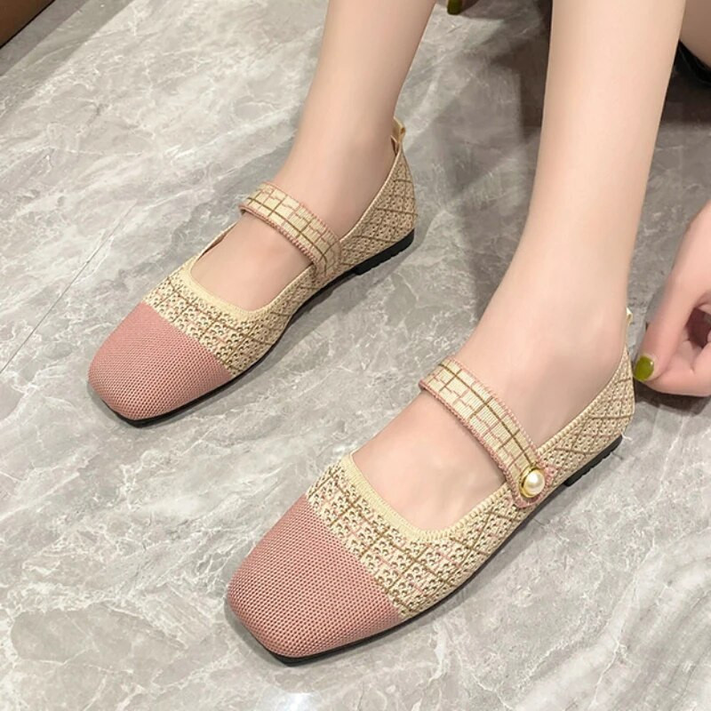 Alkalmi lapos cipők őszi új négyszögletes orrú balettcipők sekély szájú csatos naplopók Gyöngy díszítés Kötött Mary Jane cipők