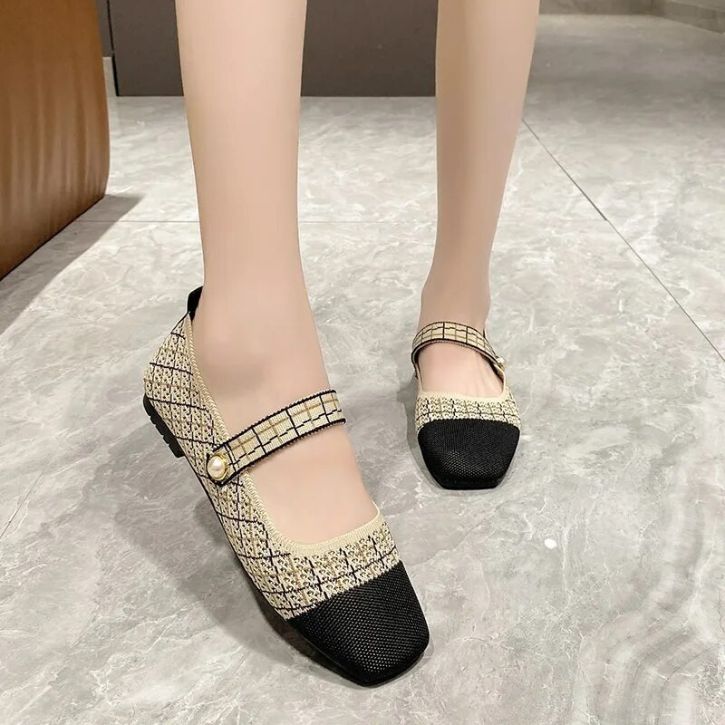 Alkalmi lapos cipők őszi új négyszögletes orrú balettcipők sekély szájú csatos naplopók Gyöngy díszítés Kötött Mary Jane cipők