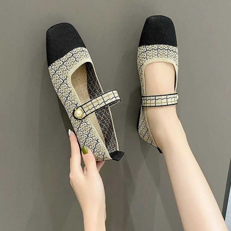 Alkalmi lapos cipők őszi új négyszögletes orrú balettcipők sekély szájú csatos naplopók Gyöngy díszítés Kötött Mary Jane cipők