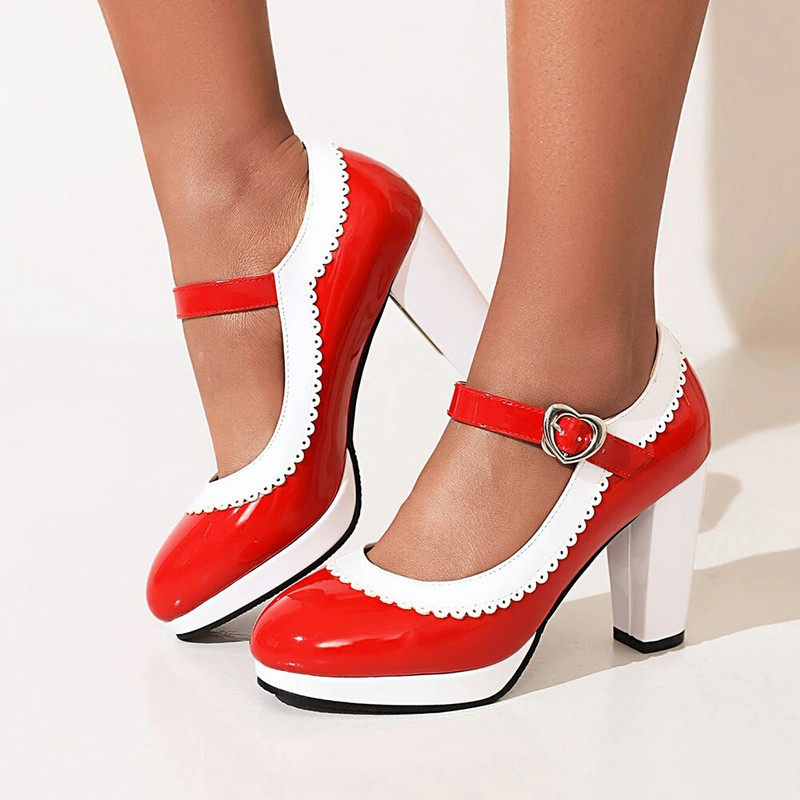 Sieviešu apavi uz papēžiem Sieviešu jauktas krāsas Platforma Pumpas Sekla Mute Apaļa purngala Kurpes sievietēm Mary Jane augstpapēžu kurpes Apavi