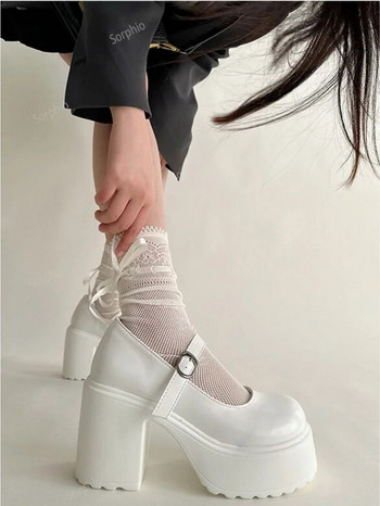 Дамски класически помпи Модни обувки на платформа на високи токчета Дебел ток Каишка около глезена Чисто нова 2022 г. Модерна жена Marry Jane Черна