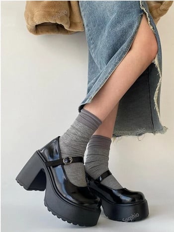 Γυναικείες κλασικές αντλίες μόδας παπούτσια πλατφόρμας σε ψηλά τακούνια Ολοκαίνουργιο λουράκι αστραγάλου με χοντρό τακούνι 2022 Μοντέρνο Marry Jane Woman Μαύρο