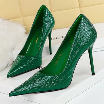 Дамски 10 см високи токчета Стилет помпи с остри пръсти Зелени голи токчета Офис дамски змиевидни лачени обувки за сватбено тържество Абитуриентски бални обувки