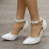 Pantofi de nunta Mireasa Pantofi de nunta albi pentru femeie cu tocuri inalte Pompe cu curea la glezna Pantofi de dama din dantela cu strass cu tocuri inalte Pantofi de petrecere