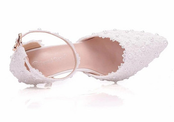 Γαμήλια Παπούτσια Νυφικά Λευκά Παπούτσια Γάμου Γυναικεία ψηλοτάκουνα λουράκια Αστραγάλου Pumps Γυναικεία παπούτσια Rhinestone Lace ψηλοτάκουνα παπούτσια για πάρτι