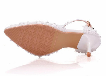 Сватбени обувки Булчински бели сватбени обувки Дамски високи токчета Помпи с каишка за глезена Дамски обувки Парти обувки с дантелени кристали и високи токчета