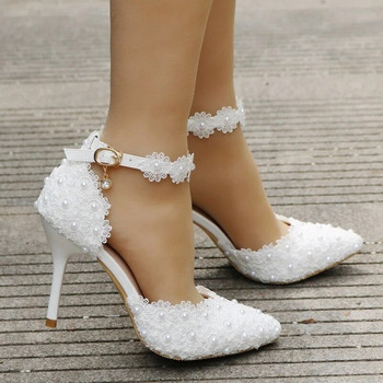 Сватбени обувки Булчински бели сватбени обувки Дамски високи токчета Помпи с каишка за глезена Дамски обувки Парти обувки с дантелени кристали и високи токчета