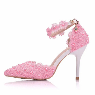 Pantofi de nunta Mireasa Pantofi de nunta albi pentru femeie cu tocuri inalte Pompe cu curea la glezna Pantofi de dama din dantela cu strass cu tocuri inalte Pantofi de petrecere