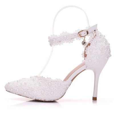 Pantofi de nunta Mireasa Pantofi de nunta albi pentru femeie cu tocuri inalte Pompe cu curea la glezna Pantofi de dama din dantela cu strass cu tocuri inalte Pantofi de petrecere
