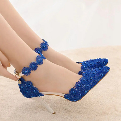 Pantofi de nunta Mireasa Pantofi de nunta albi pentru femeie cu tocuri inalte Pompe cu curea la glezna Pantofi de dama din dantela cu strass cu tocuri inalte Pantofi de petrecere