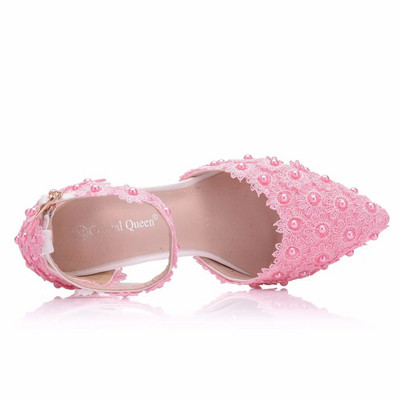 Pantofi de nunta Mireasa Pantofi de nunta albi pentru femeie cu tocuri inalte Pompe cu curea la glezna Pantofi de dama din dantela cu strass cu tocuri inalte Pantofi de petrecere