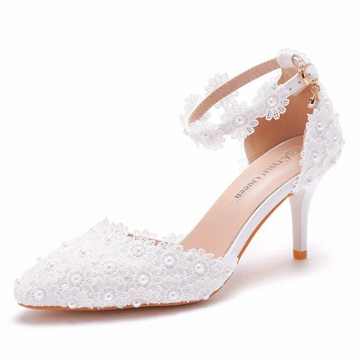 Pantofi de nunta Mireasa Pantofi de nunta albi pentru femeie cu tocuri inalte Pompe cu curea la glezna Pantofi de dama din dantela cu strass cu tocuri inalte Pantofi de petrecere