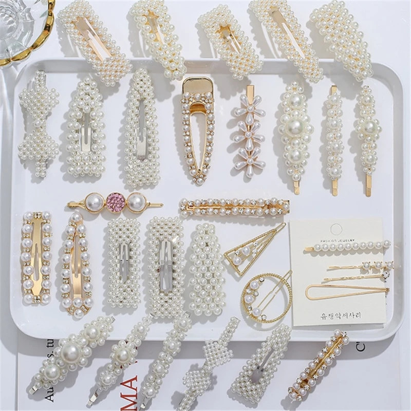 F01 Solid Pearl matu klipšu komplekts sievietēm Hair Barrette Modes matu sprādzes Snap Barrettes Moderni roku darbs matu veidošanas aksesuāri