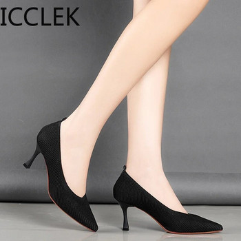 Модни черни високи токчета 2020 г. Нови дамски обувки с плитка уста Професионални работни обувки С остри пръсти Стилетни плетени единични обувки