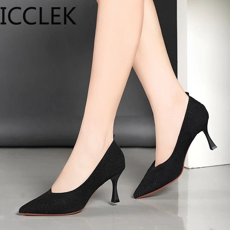 Modes melni augstpapēžu kurpes 2020. gada jauni sekla mutes sieviešu apavi Profesionāli darba apavi ar smailiem purngaliem, trikotāžas vienvietīgie apavi