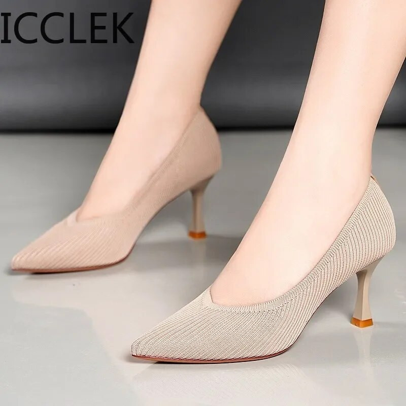 Modes melni augstpapēžu kurpes 2020. gada jauni sekla mutes sieviešu apavi Profesionāli darba apavi ar smailiem purngaliem, trikotāžas vienvietīgie apavi