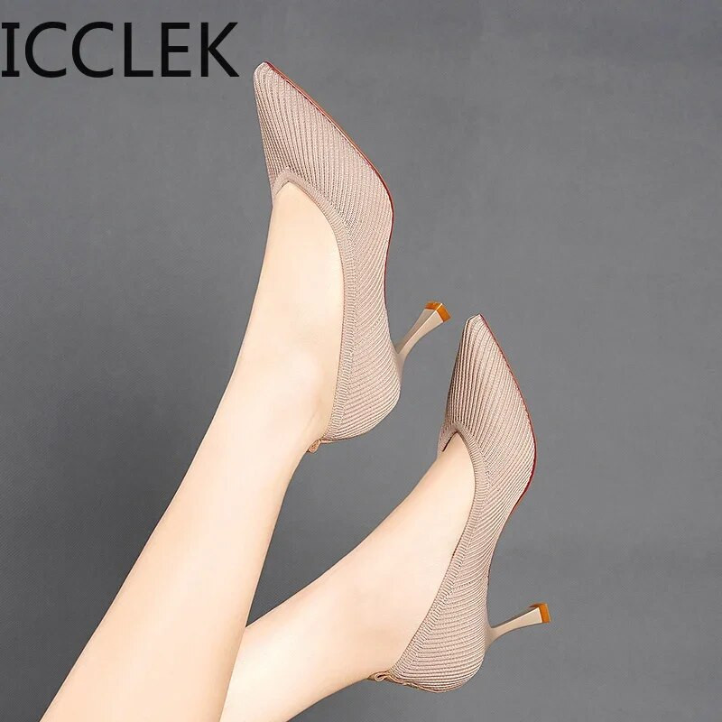 Modes melni augstpapēžu kurpes 2020. gada jauni sekla mutes sieviešu apavi Profesionāli darba apavi ar smailiem purngaliem, trikotāžas vienvietīgie apavi