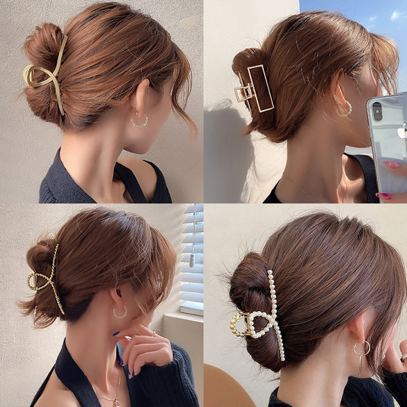 Metāla matu spīļu krabju sprādze sievietēm, meitenēm, korejiešu neslīdoša liela, ģeometriska stieņa haizivs sprādze matadata galvas pērļu matu aksesuāri