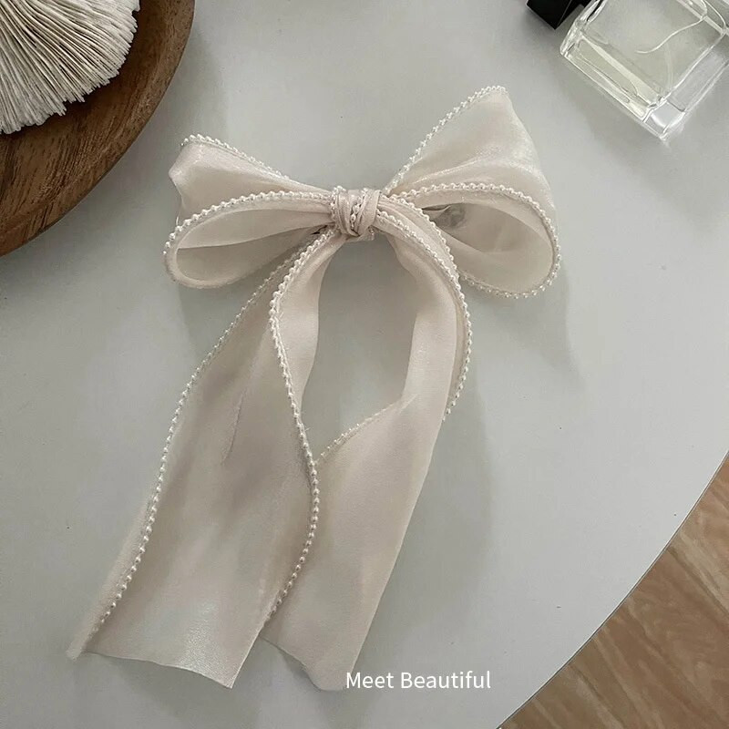 Eleganta pērļu straume banti matu sprādzes sievietēm zirgaste matu sprādzes pīles knābis Pērļu šifons bantītis matu rokturi Barrettes galvassegas