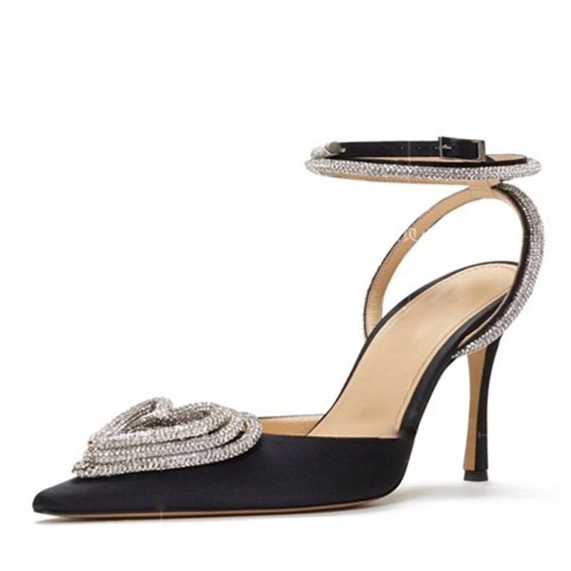 Liyke skrejceļa stila mirdzoši rhinestones sieviešu pumpas kristāla sirds formas sprādze Vasaras dāmu augstpapēžu kurpes ballītei izlaiduma kurpes, izmērs 34-43