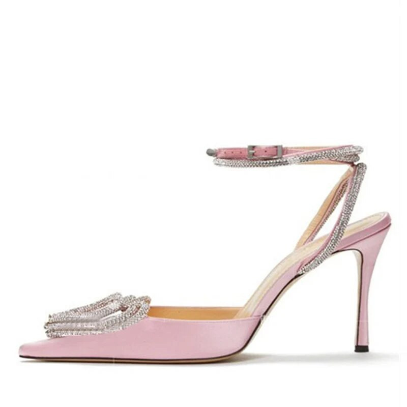 Liyke skrejceļa stila mirdzoši rhinestones sieviešu pumpas kristāla sirds formas sprādze Vasaras dāmu augstpapēžu kurpes ballītei izlaiduma kurpes, izmērs 34-43