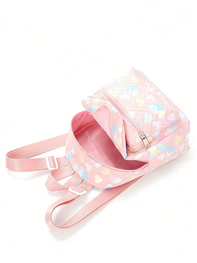 1gab meiteņu rozā sirds raksta regulējamas plecu siksnas Pu rāvējslēdzējs klasiska mugursoma sieviešu mugursoma, kas piemērota ikdienas lietošanai, dāvana