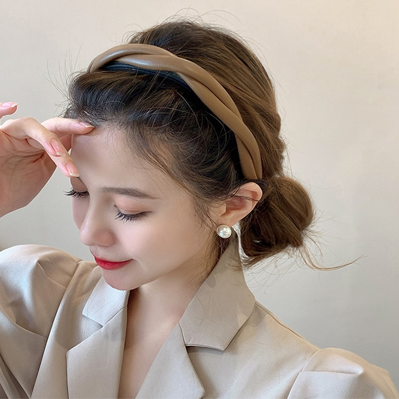 Jauna Pu ādas pīta galvas saite Kafijas bēša melna savīta matu lente sievietēm meitenēm vienkārša matu lente sieviešu matu aksesuāri