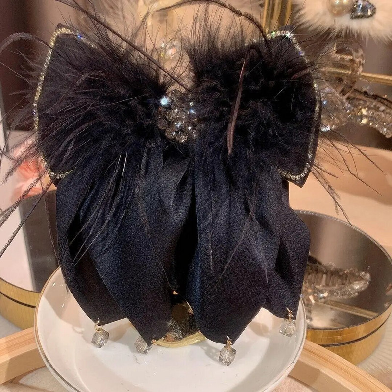 Korejiešu melna auduma loku matu sprādzes spalvu kristāla matu sprādzes pavasara saspraudes Modes zirgaste stieņi matu aksesuāri sievietēm
