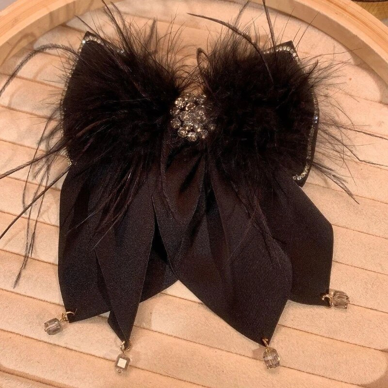 Korejiešu melna auduma loku matu sprādzes spalvu kristāla matu sprādzes pavasara saspraudes Modes zirgaste stieņi matu aksesuāri sievietēm